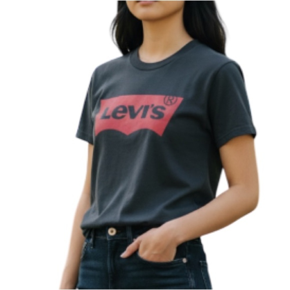 LEVIS Black Red Tab Graphic Logo Crewneck Short Sleeve T-Shirt Girl Fit Size L
